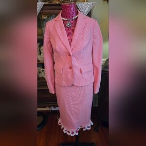 Red & White Checkered Women's Blazer Set Crochet Lace Edge